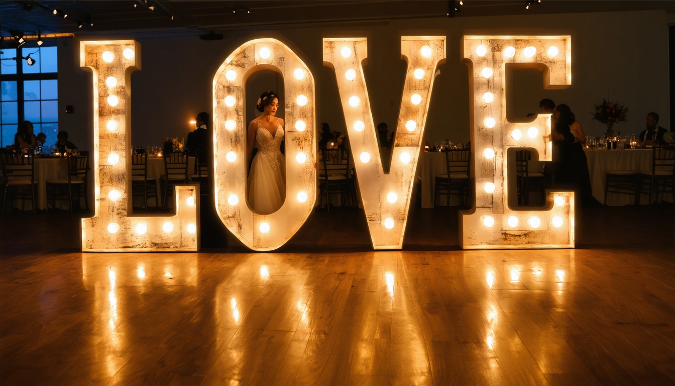 Grote lichtletters LOVE met warm LED-licht naast de photobooth als eyecatcher op een bruiloft