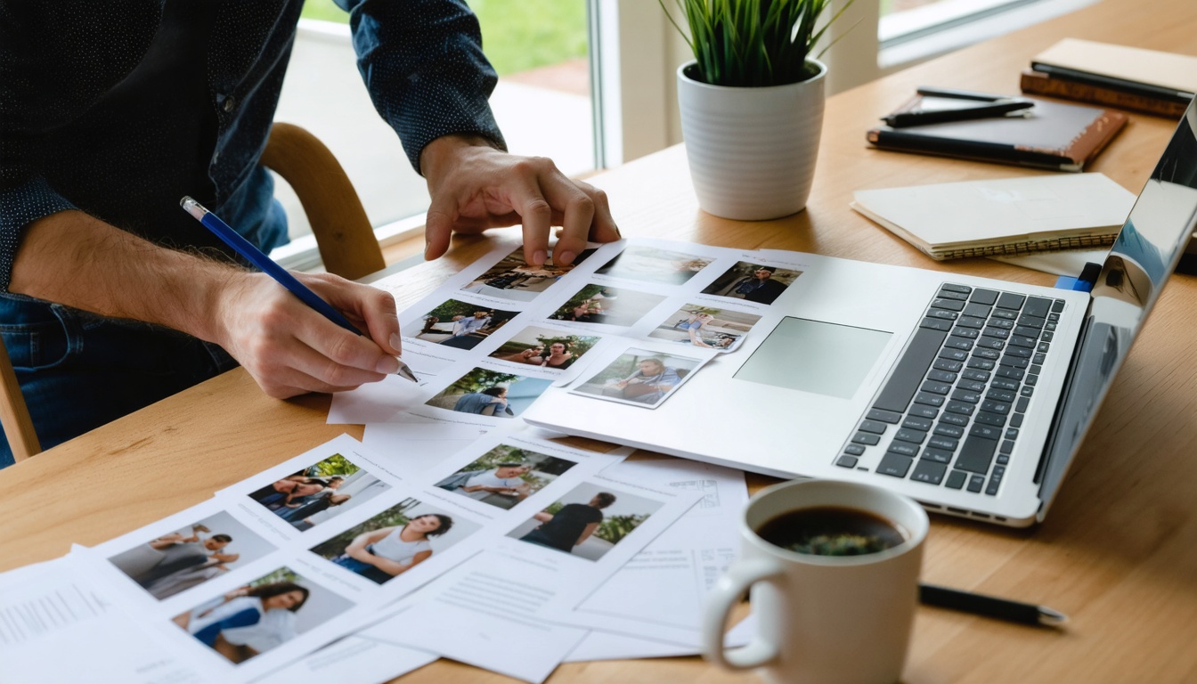 Ontwerper en klant bespreken een persoonlijk fotostrip ontwerp met voorbeelden op tafel